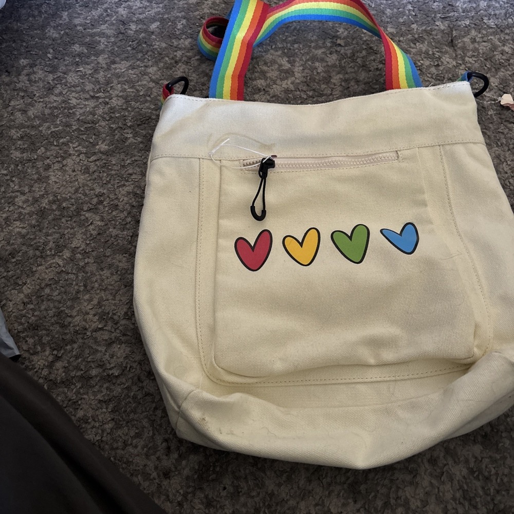 Most Wanted USA Linen Hearts Rainbow Pride Tote Bag Work Travel Shoulder